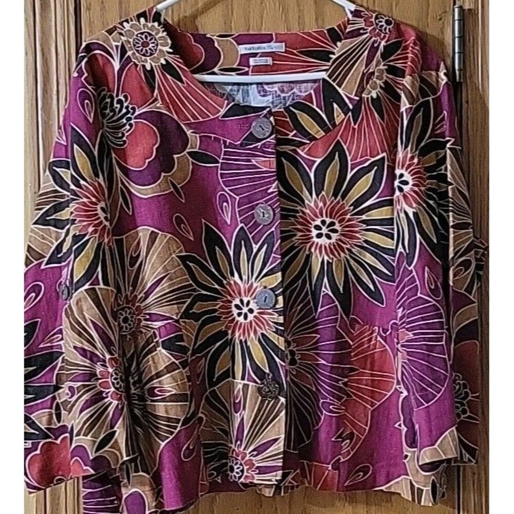 Women’s Summer Jacket By Van Heusen Size XL Linen Rayon Blend Floral Buttons